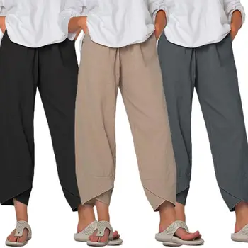 

Women Solid Color Pocket Irregular Hem Loose Cropped Pants Cotton Linen Trousers