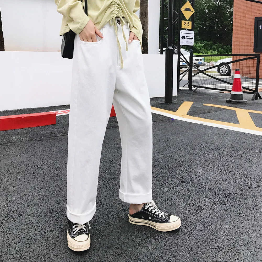 white SHENGPALAE Новые Модные осенние однотонные прямые свободные брюки с высокой талией женские повседневные винтажные штаны в Корейском стиле FT612 - Цвет: white