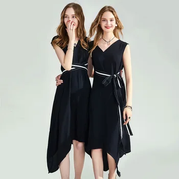 

HAVVA 2020 Summer New High Twist Yarn Belted Waist V-neck Dress with Irregular Hem Q4804