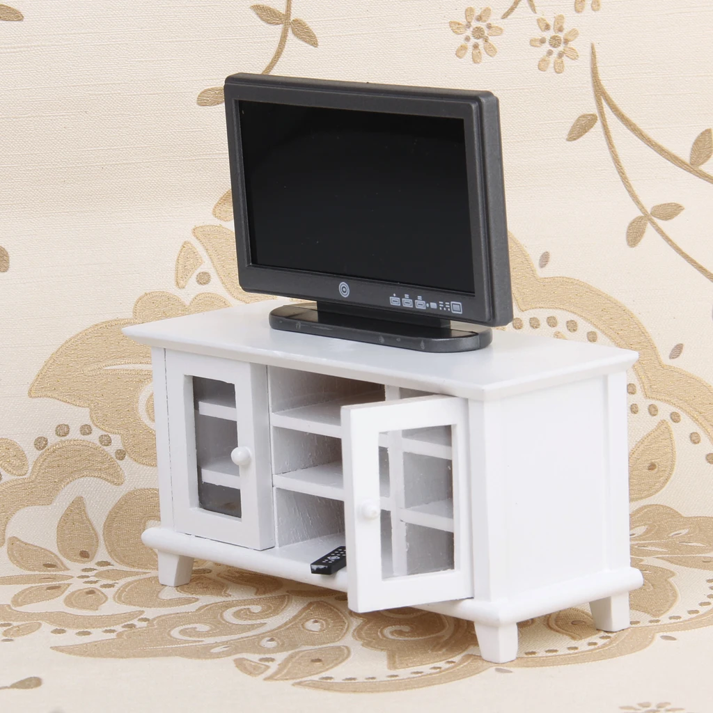 1/12 Dollhouse Miniature Furniture White Wooden TV Television Cabinet Model