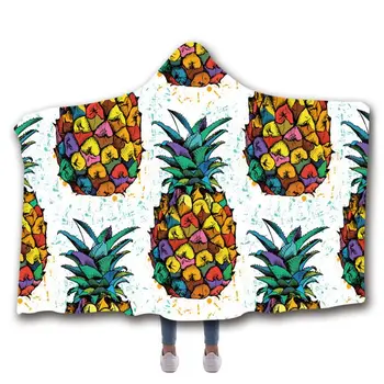 

3D 3D Digital Printing Geometric Hooded Sherpa Blanket Winter Warm Cloak Shawl Pineapple Floral Pattern Double Layer Thickened