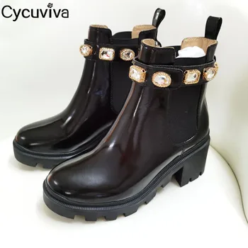 

Luxury Crystal Brand Shoes Woman Real Leather Chelsea Ankle Boots Women Chunky Heels Black Motorcycle Boots Platform Botas Mujer