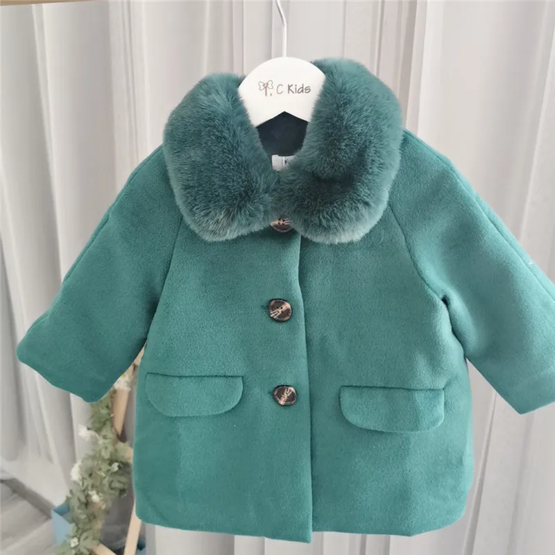 Зимнее пальто для девочек; однотонная верхняя одежда розового и зеленого цвета с отложным воротником для маленьких девочек