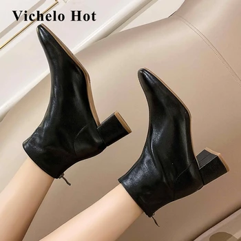 

Vichelo Hot work boots genuine leather all-match dating round toe high square heels zipper modern catwalk maiden ankle boots L62
