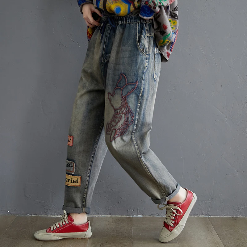 

Jeans for Women String Control Waist Jeans Woman Letters Cut Pig Embroidery Jeans Female Washed Loose Denim Casual Harem Pants