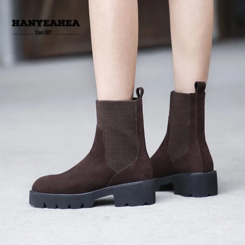 

Flock Women's Boots Neutral Punk Female Boot Concise Fashion Knitting Black Khaki Elastic band Ankle Boots