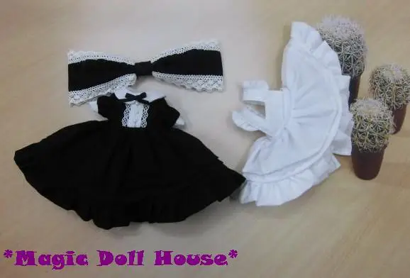 [RMG006] Neoblythe платье куклы# Хлопковое платье фартук и набор бантиков для волос для Blyth куклы наряды для розничной продажи - Цвет: Черный