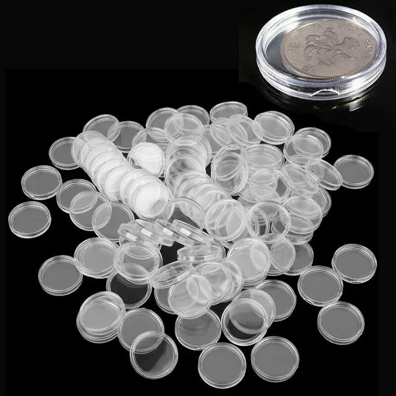 Plastic Coin Capsules Round Coins Holder 21mm-40mm Clear Storage Container Protective Case, 100 Pieces