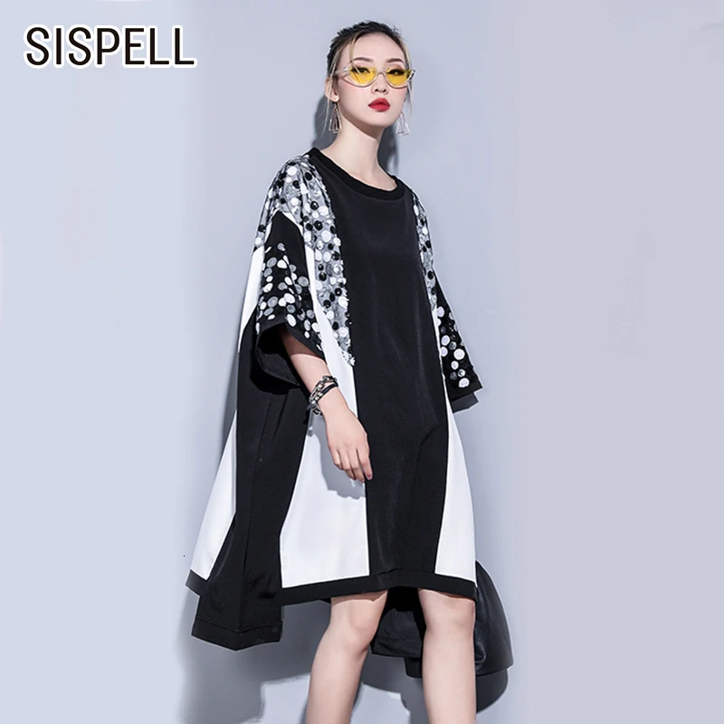 SISPELL лоскутное расшитое блестками хит цвет женское платье с круглым вырезом три четверти рукав Свободный асимметричный подол миди платья женские Tide