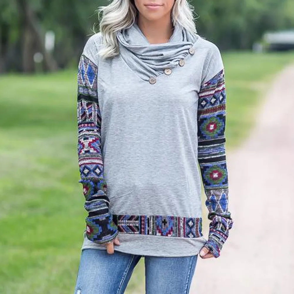 

modis Blouse Womens Pullovers Long Sleeve feminina cloth patch Button Cowl Neck Geometric Print Tunic Baggy Sweatshirt Tops