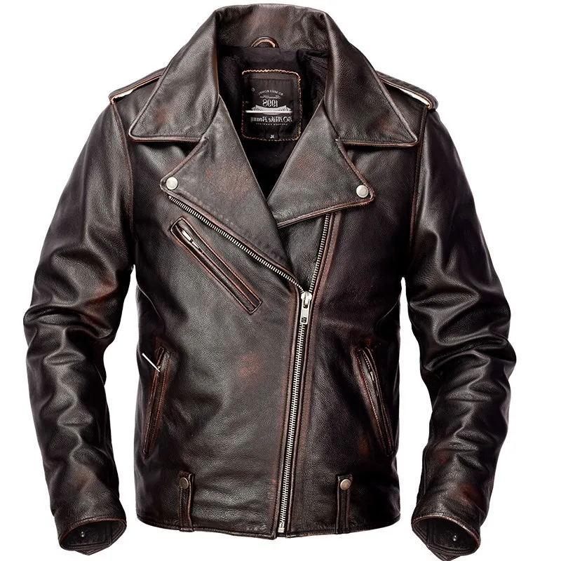 

2020 Vintage Brown Men American Motorcycle Jacket Plus Size XXXXL Genuine Cowhide Slim Fit Biker's Leather Coat