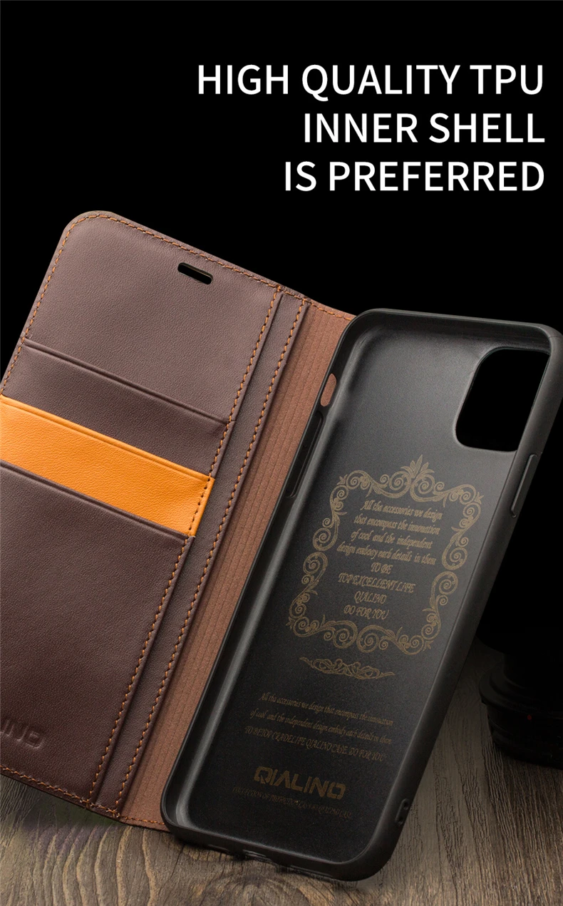 QIALINO Luxury Genuine Leather Phone Case for Apple iPhone 11 Pure Handmade Flip Case with Card Slots for iPhone 11 Pro Max