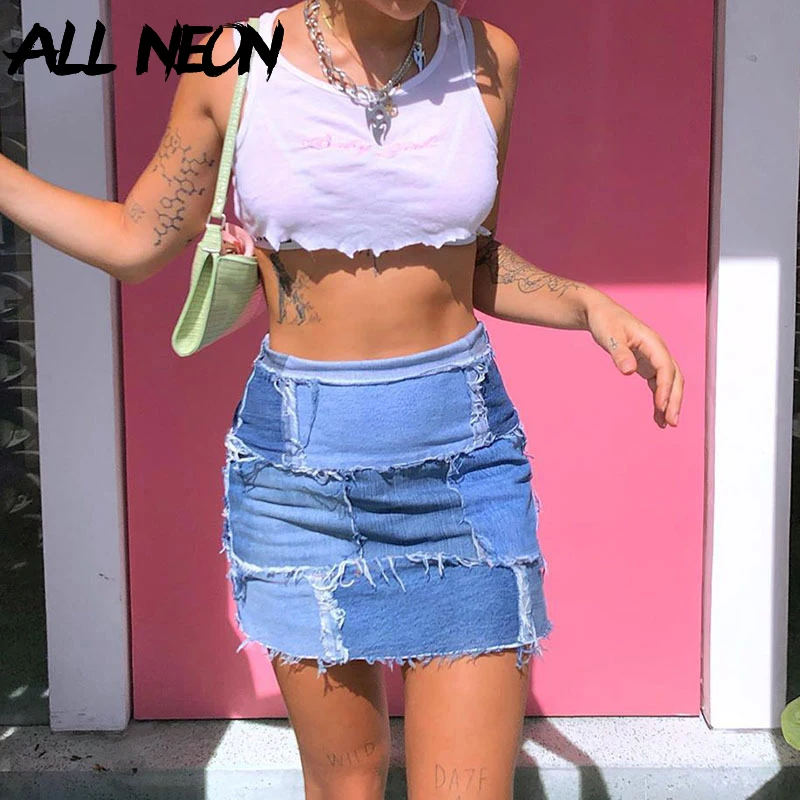 

ALLNeon Y2K Fashion Patchwork Stitch Bodycon Denim Skirts E-girl Sweet High Waist Mini Skirt 90s Streetwear Autumn Casual Bottom