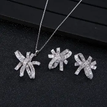 

Trendy Bowknot Full Zirconia necklace earrings set Women Bridal Dress Wedding Everyday Stud Earring Fashion Jewelry D0704