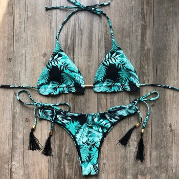 

Women Summer Bikini Set Sexy Leaves Print Leopard Two Pieces Female Swimwear Swimsuit Vintage Hot Split Push-Up Padded Beachwear