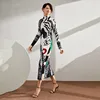 LANMREM 2022 New autumn Stand Collar Print Colorblock Long Pleated Dress Women Vintage Slim Was Thin Office Lady Dress PD789 ► Photo 3/6