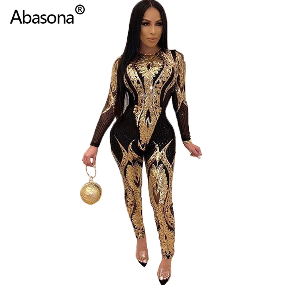 

Abasona Plus Size Rompers Womens Jumpsuit Sequin 2020 Women Summer Perspective Mesh Party Bodycon Overalls Sexy Night Club