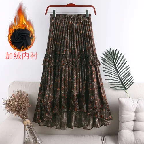 Dark Brown Осень Зима Новая Толстая велюровая юбка с высокой талией Женская винтажная плиссированная юбка с принтом модные Необычные вечерние юбки 948 - Цвет: Dark Brown