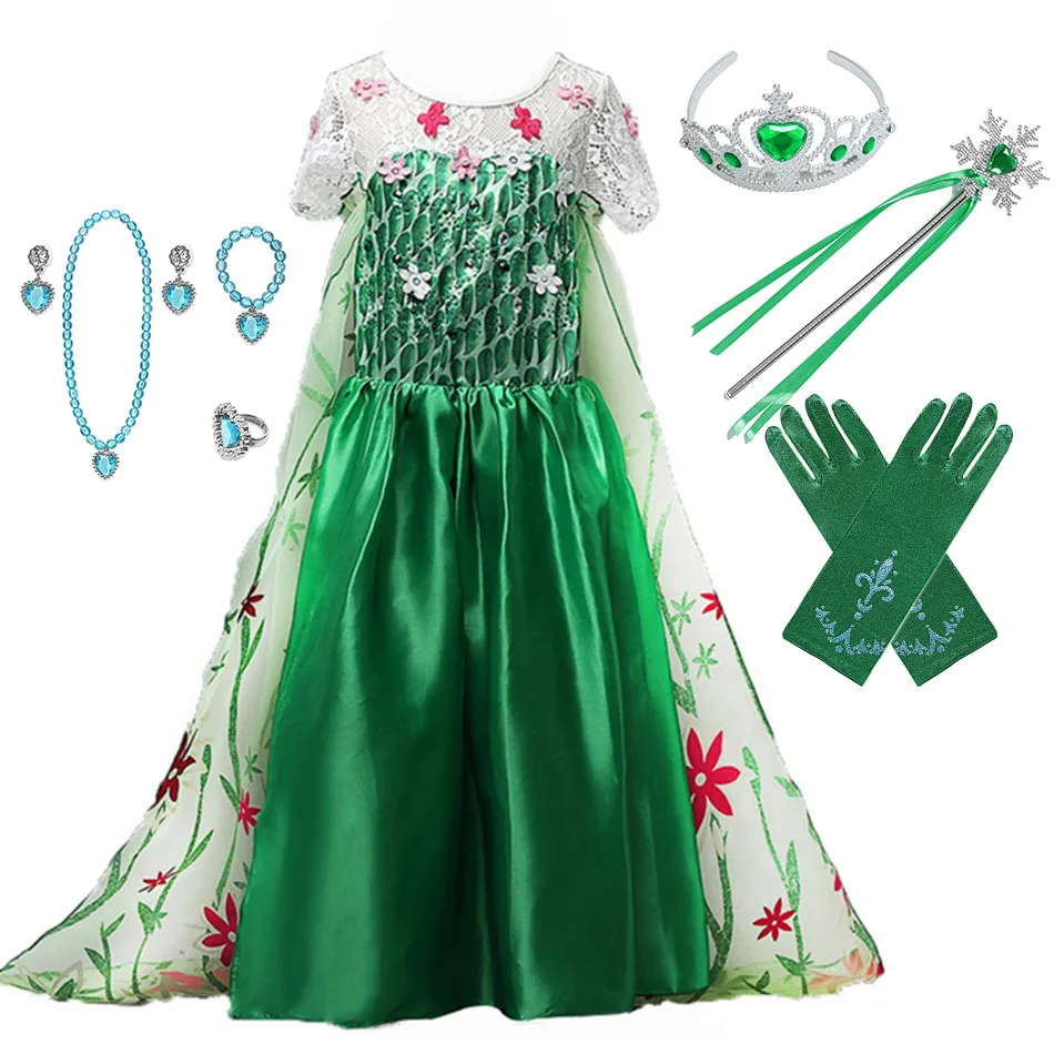 Jewelry Set Frozem Fever/платье Эльзы для дня рождения; Карнавальный костюм для девочек; зеленое платье с цветочным рисунком; детское длинное платье принцессы Эльзы - Цвет: Jewelry Set