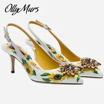 

OllyMurs New Genuine Leather Printed Floral Spring Summer Pumps Sexy Pointed Toe Crystal Floral Slingabck Pumps Shoes Women