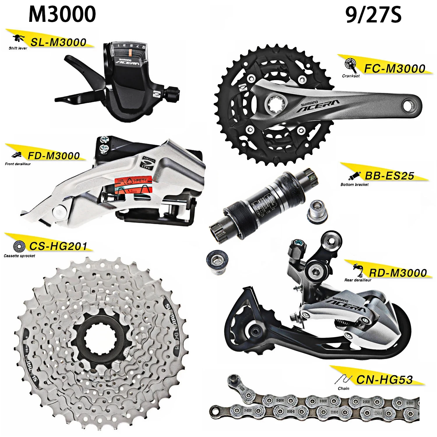 M3000 Bicycle Derailleur Groupset 9S/27S Groupset Shift Lever Cassette