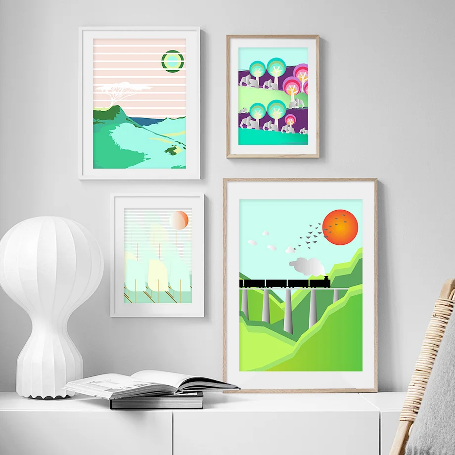 

Train Sun Woods Elephant Nostalgic Wall Art Print Canvas Painting Nordic Canvas Posters And Prints Wall Pictures For Living Room