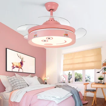 

Modern Creative Remote Control Mute Security Save Energy Led Ceiling Fan Light 42 Inch Girl Princess Room Pink Fan Hanging Lamp