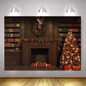 

Christmas Fireplace Backdrop Photography Wooden Bookshelf Wall Gifts Elk Specimen Bells Wreath Background Christmas Trees Candle