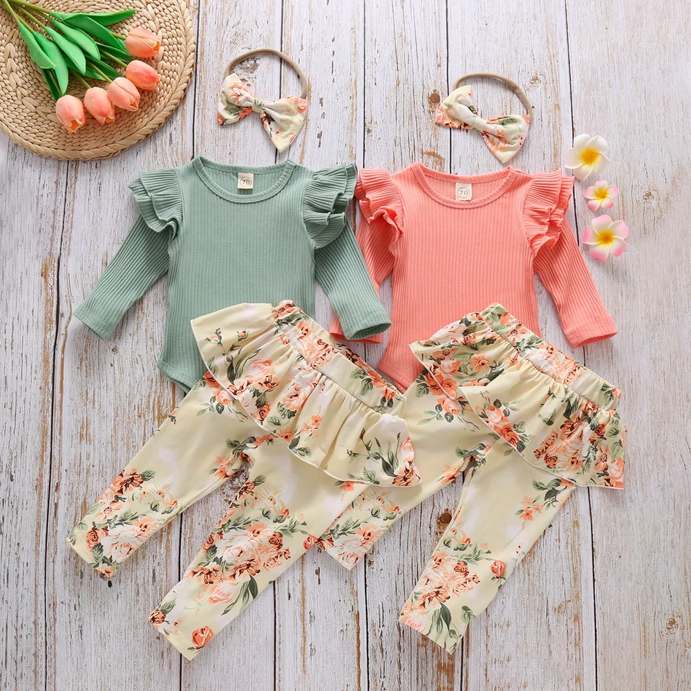 

Newborn Baby Girl Clothes Set Summer Solid Color Long Sleeve Romper Flower Pants Headband 3Pcs Outfit New Born Infant Clothing 3