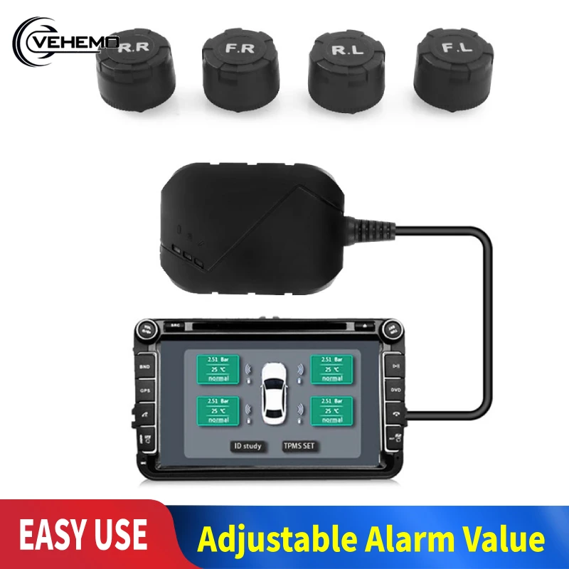 

USB Android TPMS Car Tire Pressure Monitor 4 External Sensor 116psi Monitoring Alarm System Wireless Transmission TPMS for DVD