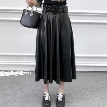 Зимняя длинная юбка Woemn, винтажная черная юбка из искусственной кожи, женская уличная плиссированная юбка с поясом, женская повседневная юбка с высокой талией