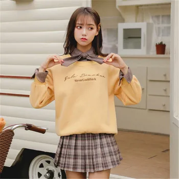 

Winter Sweatshirt Women Long Sleeve Plaid Patchwork Bow Tie Fleece Sweatshirt Letter Printed Warm Loose Jacket Coats For Girls