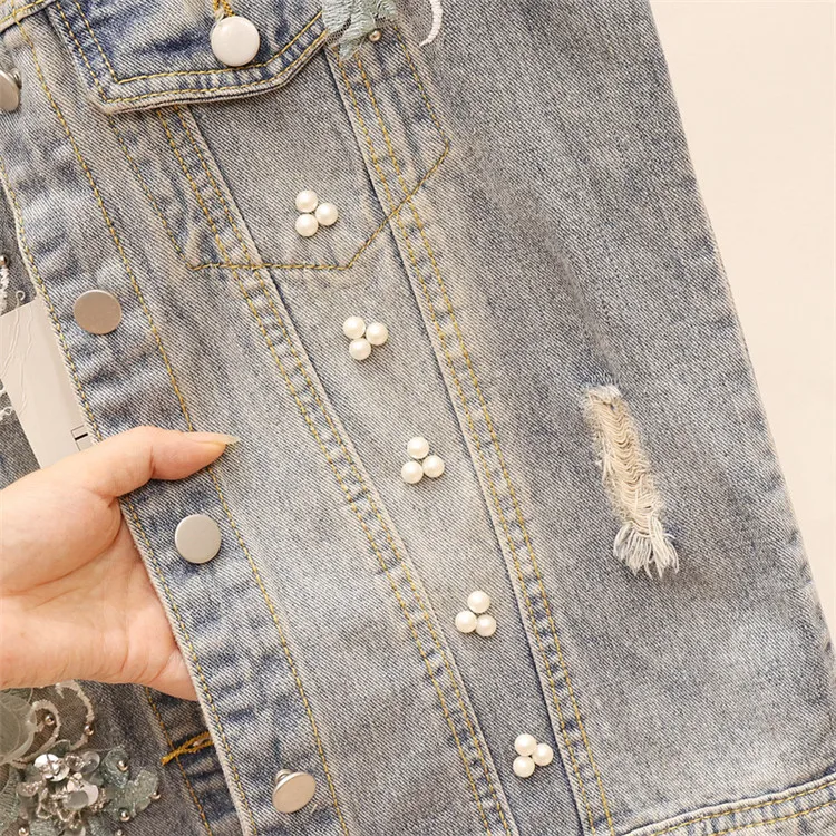 Autumn Sequins Ripped Embroidery Flower Jeans Vest Women Fashion Slim Denim Sleeveless Jacket Female Coat Waistcoat Mujer