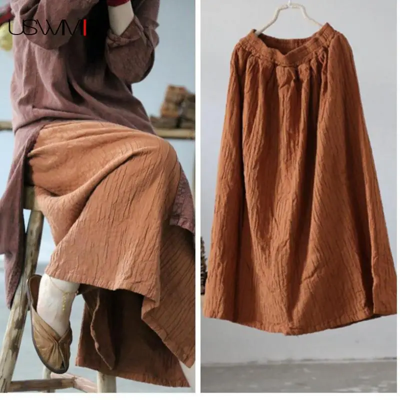 Осенняя юбка большого размера в стиле ретро Простой чистый цветной эластичный пояс длинный участок мягкая свободная Удобная льняная Женская юбка