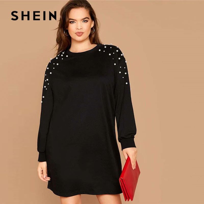Billig SHEIN Plus Größe Schwarz Perle Perlen Sweatshirt Casual Kleid Frauen Frühling Herbst Rundhals Plus Solide Lose Kurze Kleider