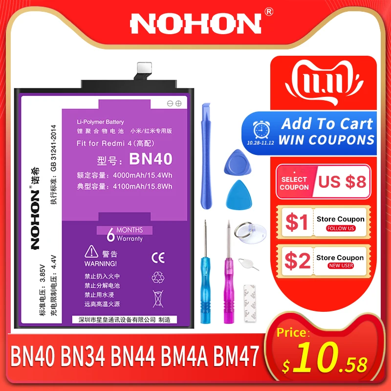 Kaufen NOHON Batterie Für Xiaomi Redmi 4 Pro 5 Plus 3 3 S 4X 5A BN40 BM47 BM4A BN34 BN44 Ersatz original Lithium Polymer Batterien