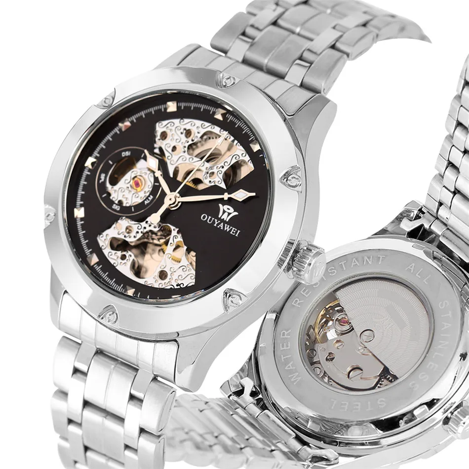 

OUYAWEI Waterproof Business Mechanical Watch Automatic Men Wristwatch Silver Stainless Steel Self Winding Mechanism Clock Male