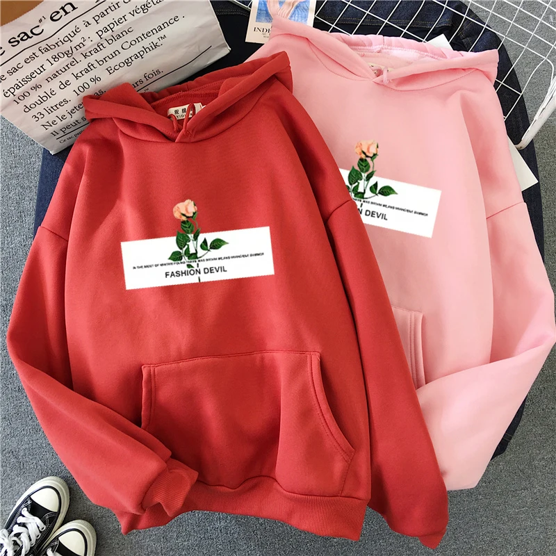 Kawaii Graphics Hoodies Women Harajuku Pocket Sweatshirt Rose Flower Design Casual Vintage Oversized Hoody Hip Hop Streetwear