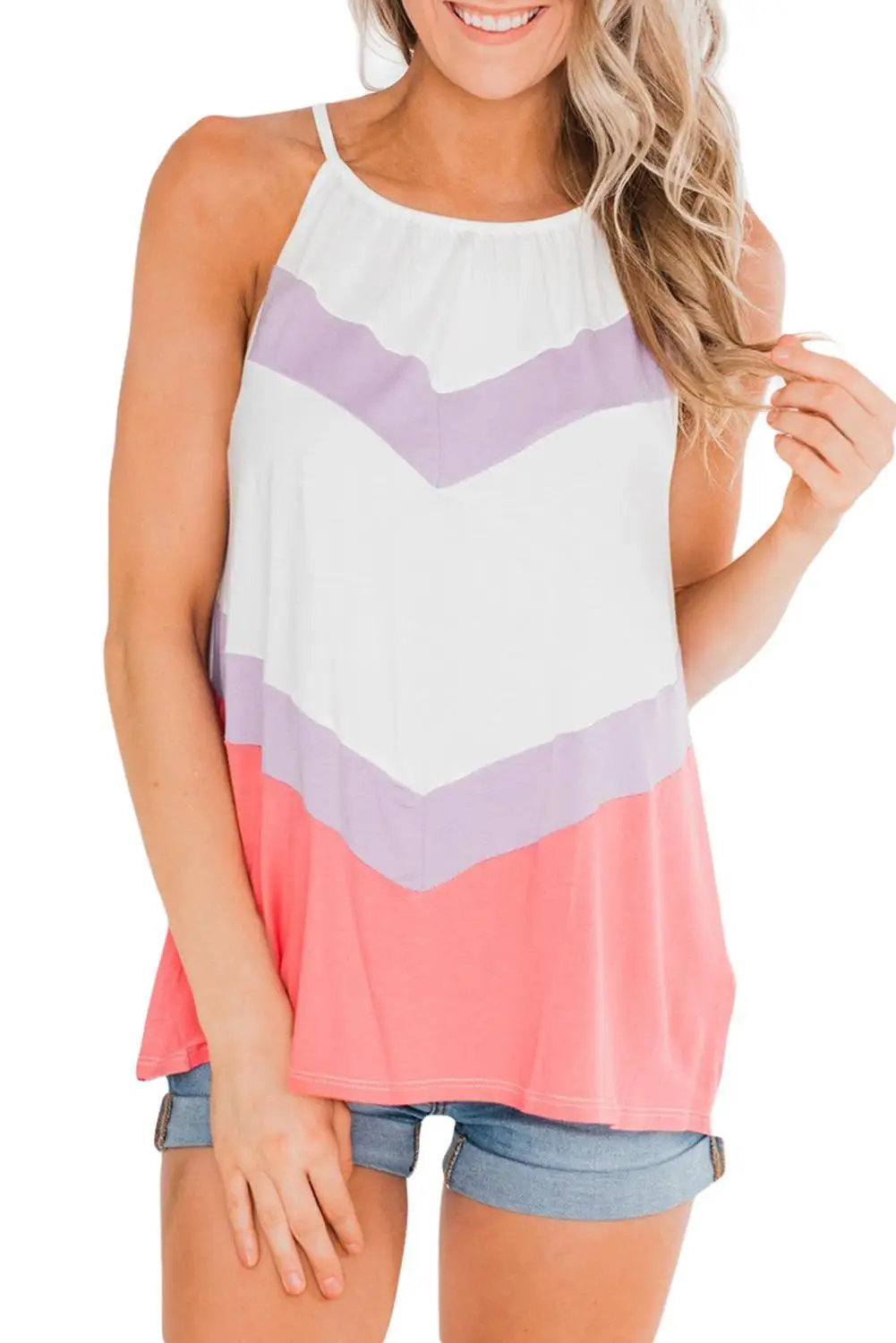 Розовый Черный/розовый шеврон леопардовая вставка Flowy Tank Top летний милый цветной блок Холтер Свободные повседневные женские топы - Цвет: Розовый