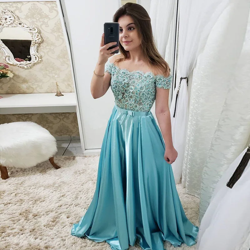 Off the Shoulder Lace Appliqued Formal Evening Dresses Floor Length A-Line vestidos de fiesta 2019 Prom Dress