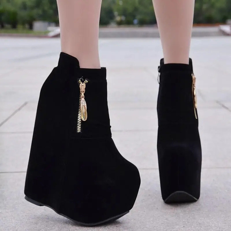 Обувь на платформе в стиле «Мартенс» на высоком каблуке, туфли на высоком каблуке 17 см; ботинки черного цвета женские ботинки, обувь - Цвет: Черный
