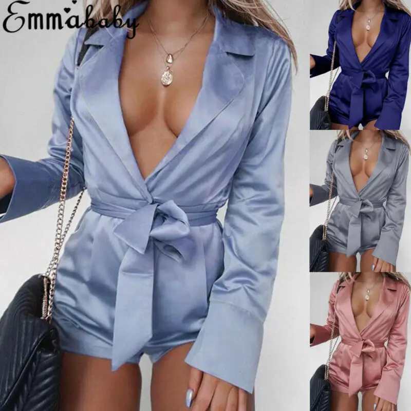 De talla grande S-XXL mujeres Sexy mono ajustado para fiesta mono satinado mameluco cintura cinturón blando cuello V vestido damas Romper leotardo