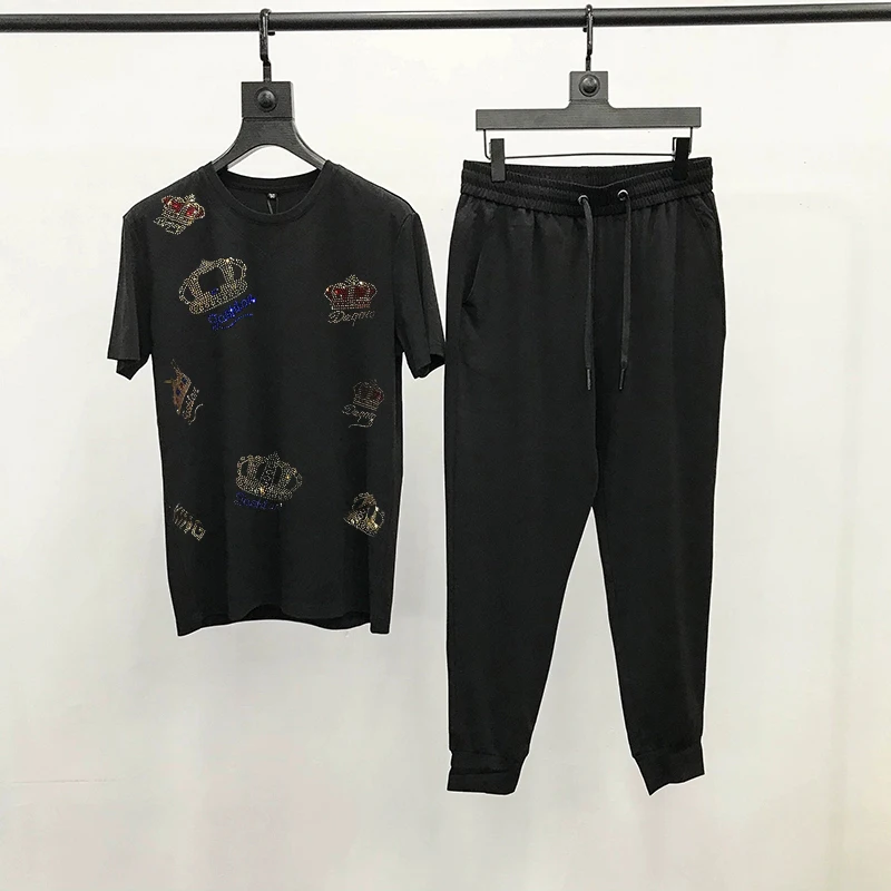 

Jogging Track Suit Shiny Craft Hot Diamond Crown Spring/Summer Men's Sets Casual T-Shirt Breathable Sweatshirt/Tops + Pants 2 P