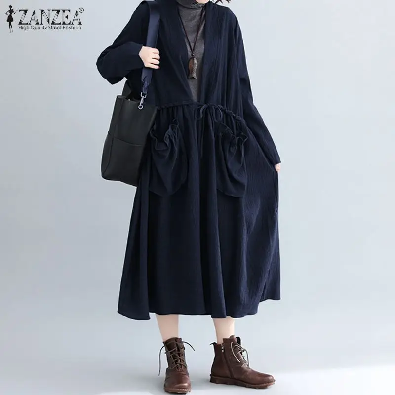 ZANZEA, модные женские длинные пальто размера плюс, женские повседневные куртки, осенне-зимняя модная верхняя одежда, однотонная, с ремешком на талии, Chaqueta
