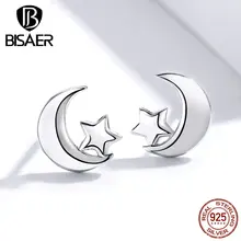 Лунная звезда, ювелирное изделие, BISAER,, 925 пробы, серебро, Луна и звезда, изысканные маленькие серьги-гвоздики, серебряные ювелирные изделия, ECE726