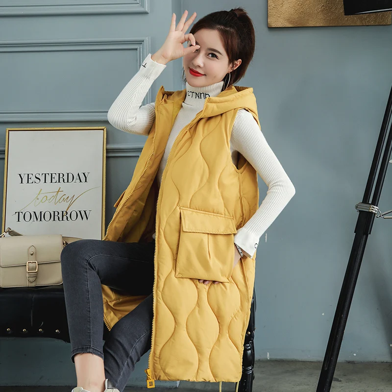 

2019 Autumn winter Winter women long waistcoat Solid Color hooded thick warm vest coat Casual sleeveless coat for female