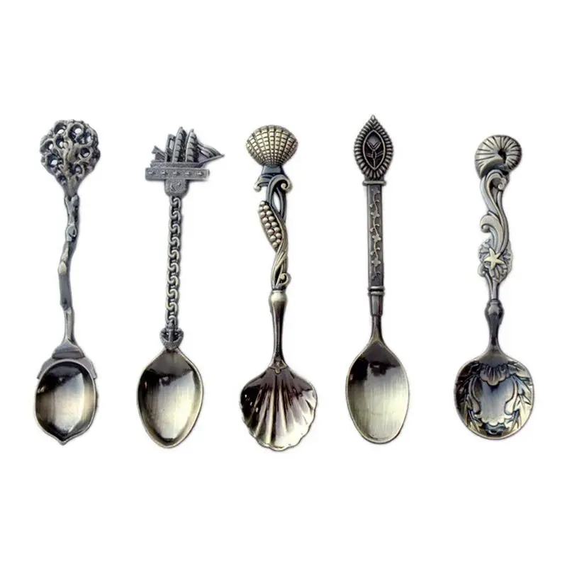 

5Pcs/Set Dining Bar Coffee Tea Spoons Vintage Royal Bronze Carved Mini Ice Cream Tool Kitchen Accessories For Dessert