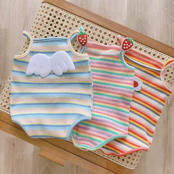 

Baby Girl Rainbow Striped Romper 2020 Baby Girl Candy-Colored Striped Thin