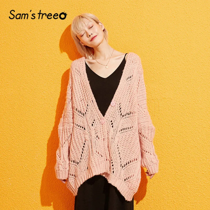 

Samstree Solid Hollow Out Minimalist Style Cardigan Sweater Women 2019 Autumn Full Sleeve Knitted Casual Office Ladies Sweaters