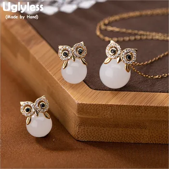 

Uglyless Lovely Animals Owl Necklaces + Earrings for Women Nature Jade Jewelry Sets Real 925 Silver Fine High Jewelry Gems P1102